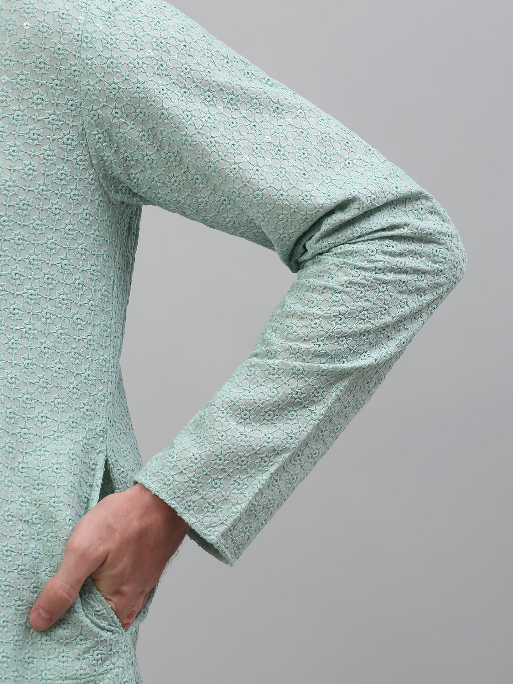 Jompers Men's Green Chikankari Embroidered and Sequence Kurta with Pyjama