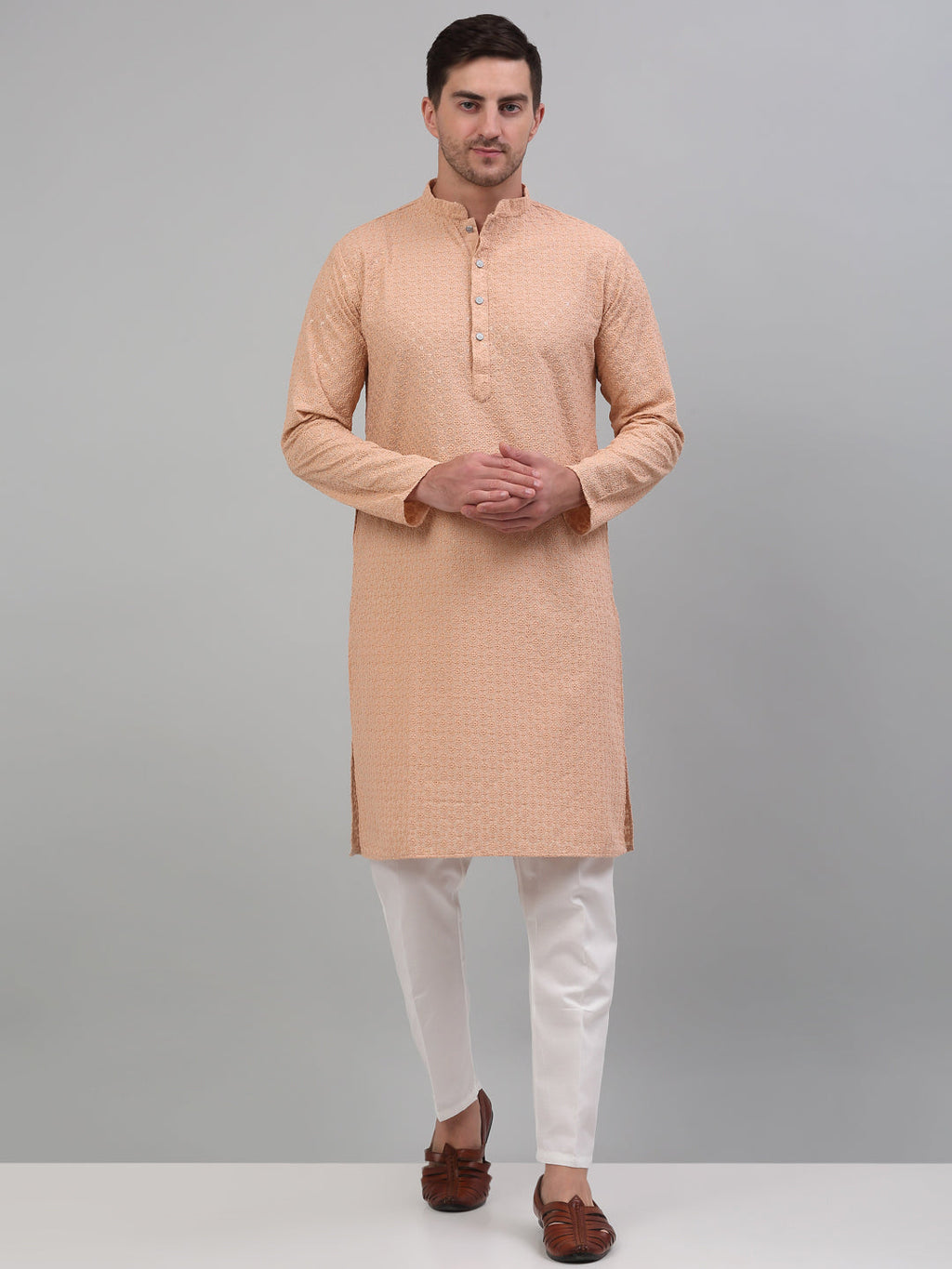 Jompers Men's Peach Chikankari Embroidered and Sequence Kurta with Pyjama