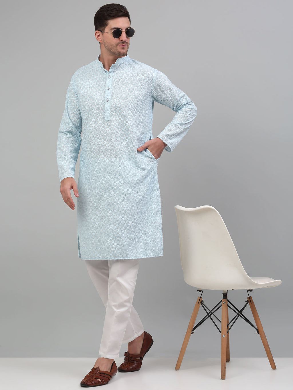 Jompers Men's Sky Blue Chikankari Embroidered and Sequence Kurta with Pyjama