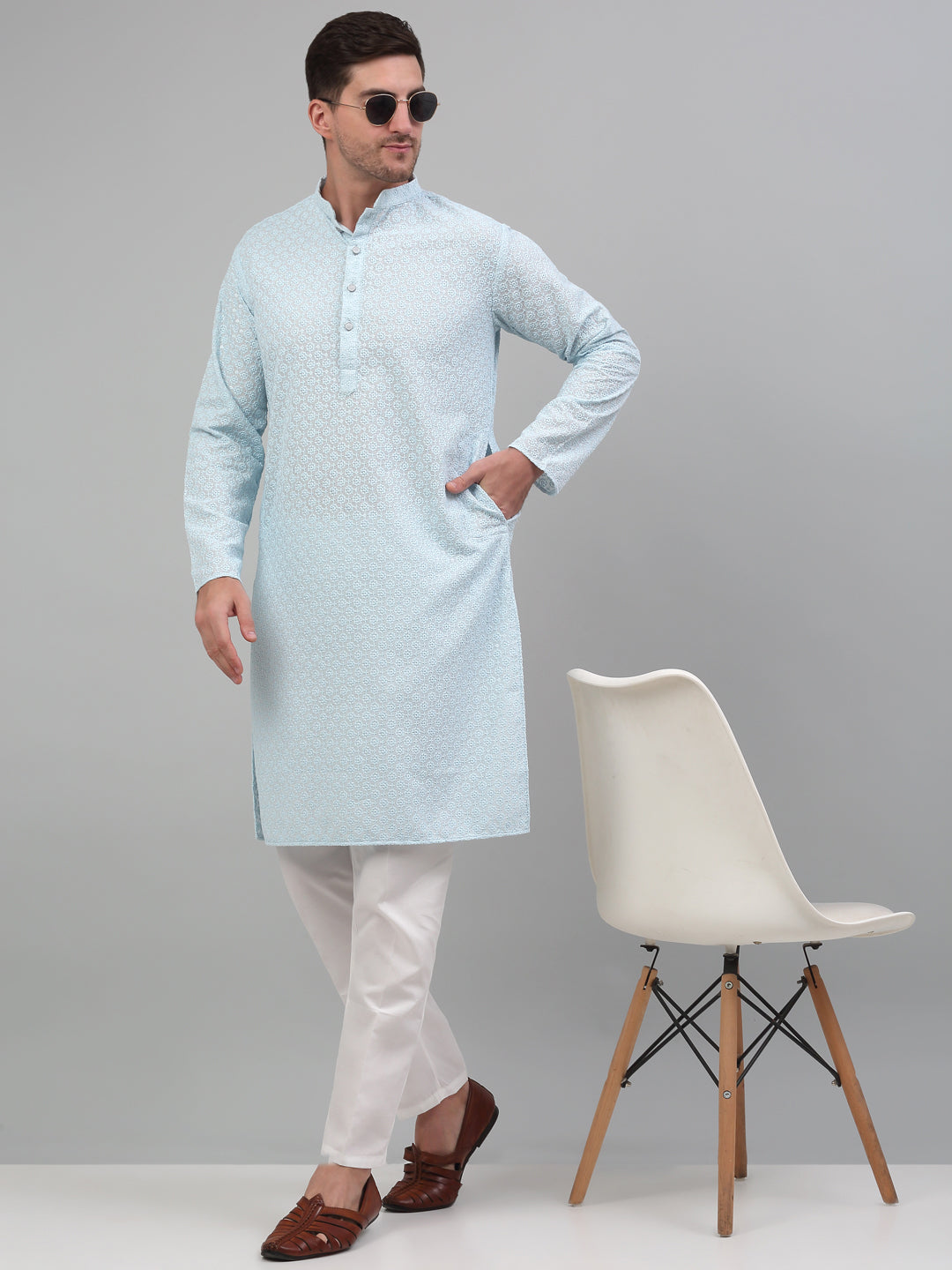 Jompers Men's Sky Blue Chikankari Embroidered and Sequence Kurta with Pyjama