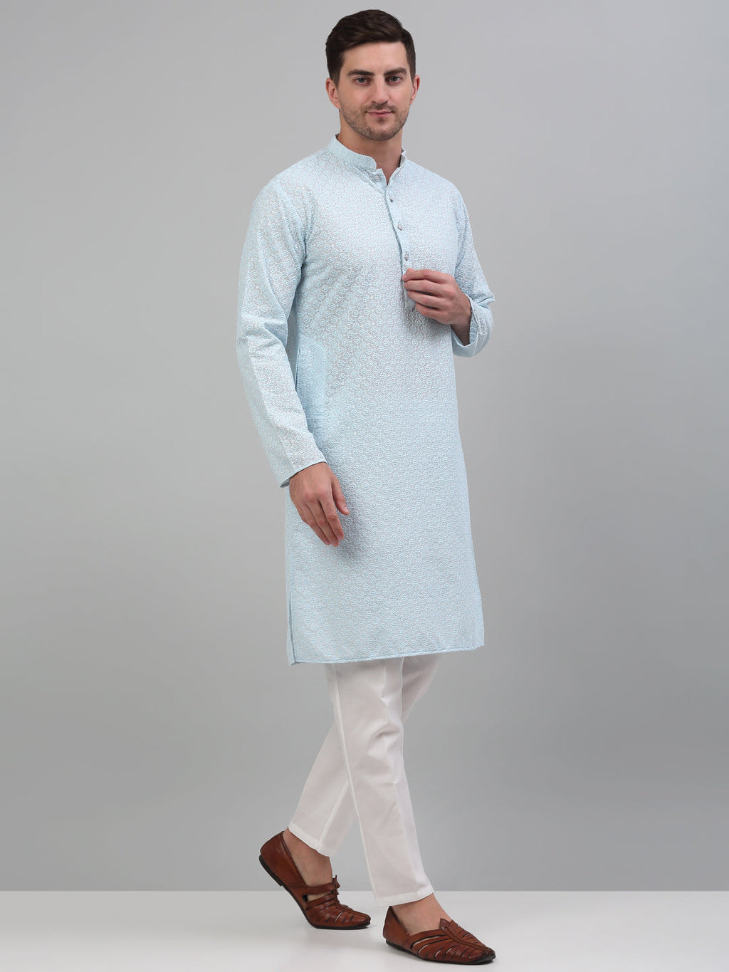 Jompers Men's Sky Blue Chikankari Embroidered and Sequence Kurta with Pyjama