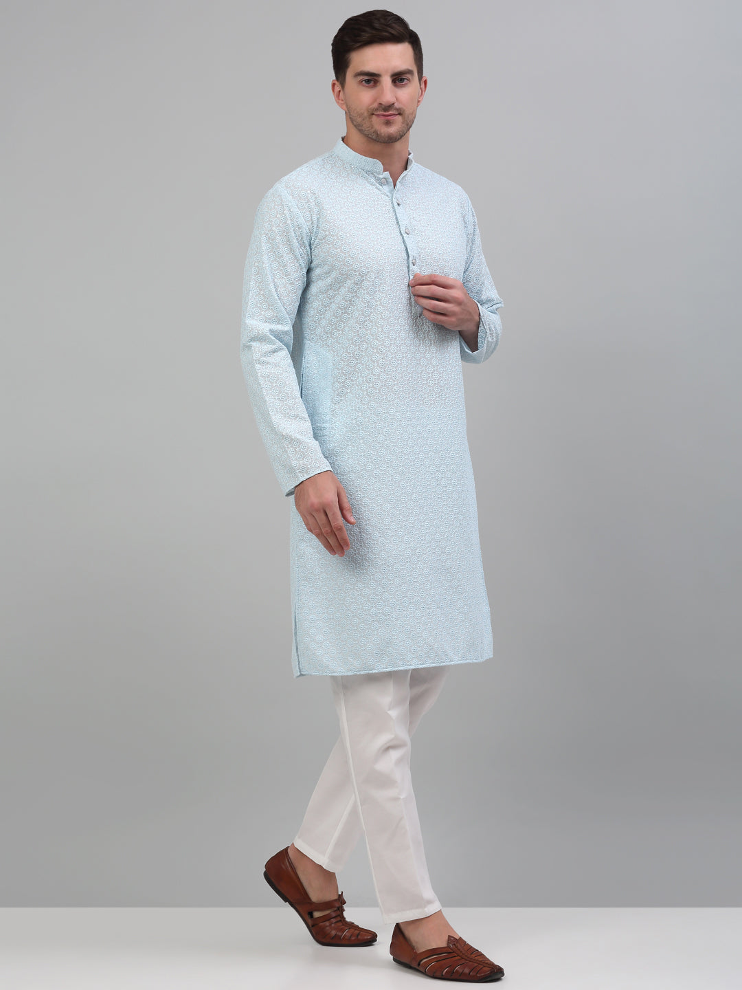 Jompers Men's Sky Blue Chikankari Embroidered and Sequence Kurta with Pyjama