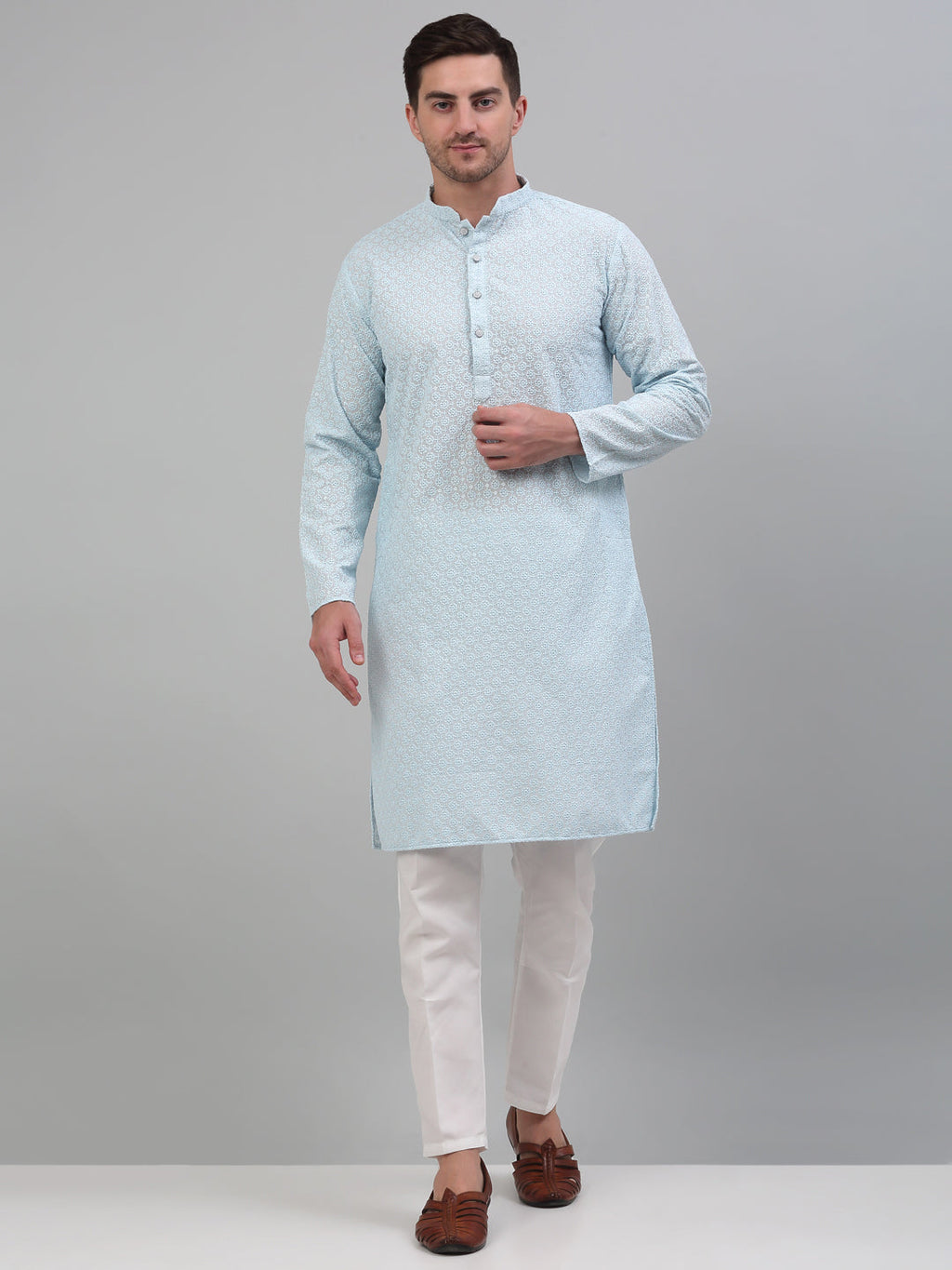 Jompers Men's Sky Blue Chikankari Embroidered and Sequence Kurta with Pyjama