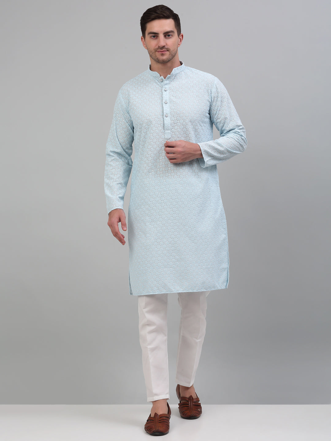 Jompers Men's Sky Blue Chikankari Embroidered and Sequence Kurta with Pyjama