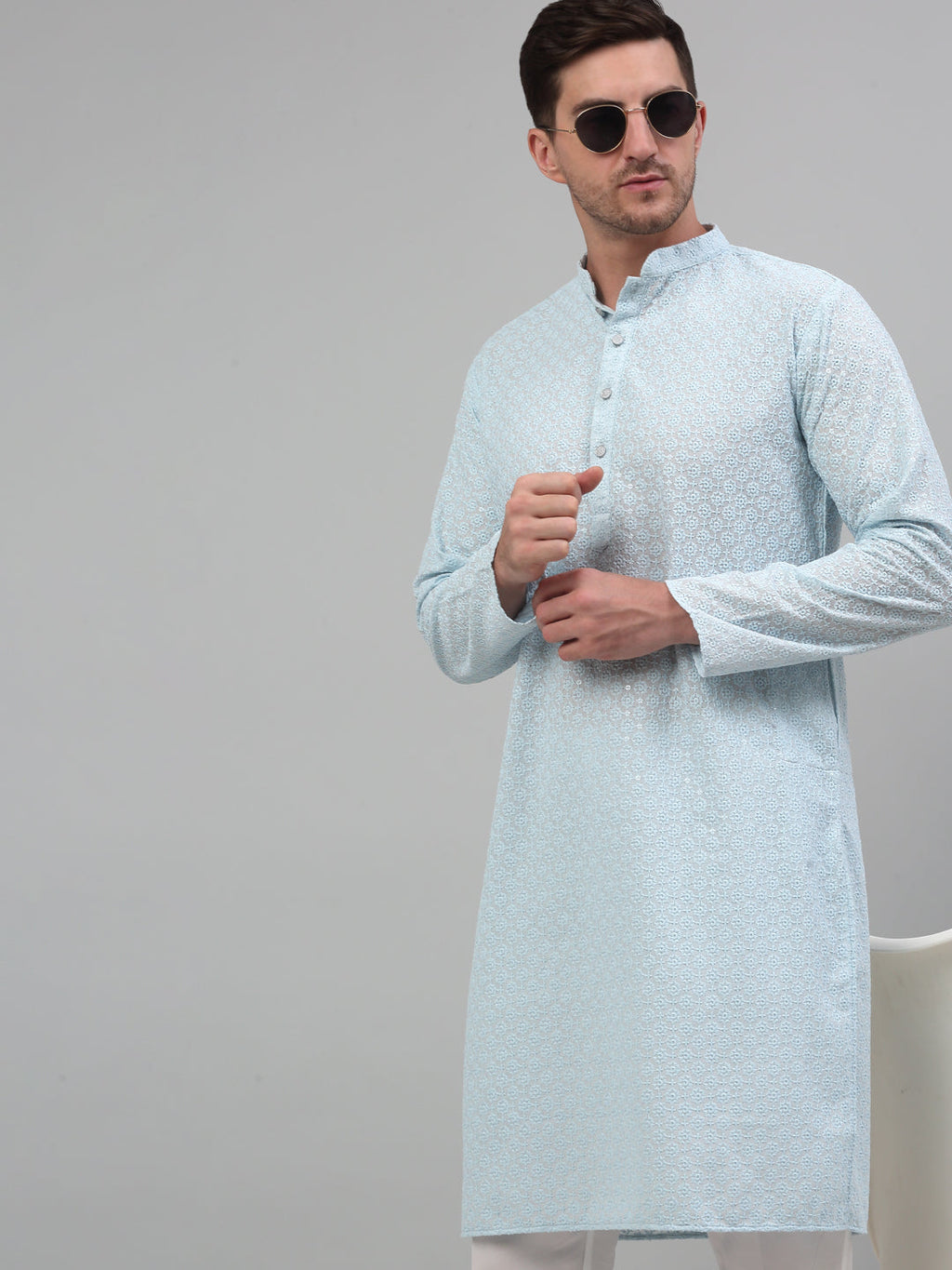 Jompers Men's Sky Blue Chikankari Embroidered and Sequence Kurta with Pyjama