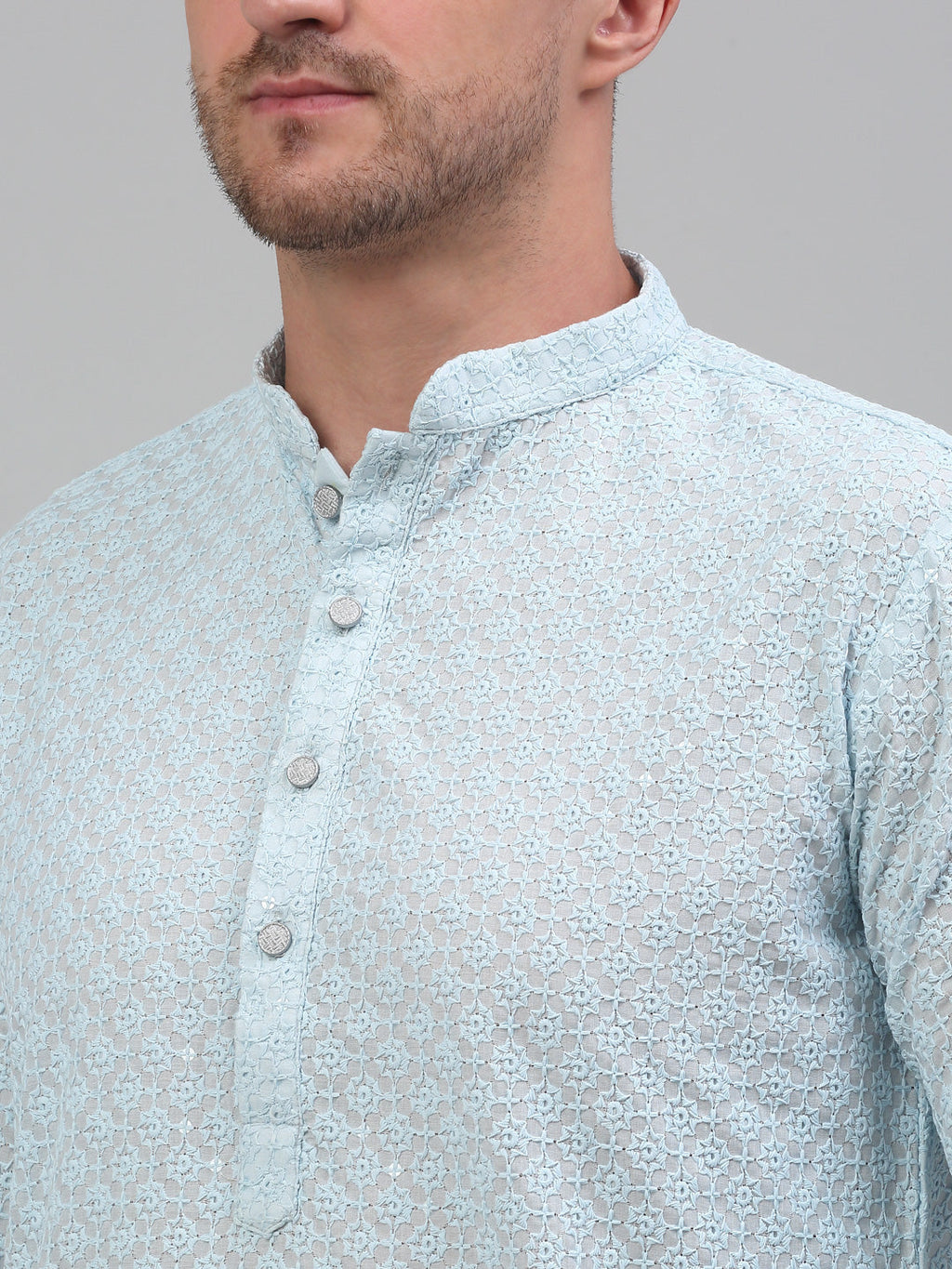 Jompers Men's Sky Blue Chikankari Embroidered and Sequence Kurta with Pyjama