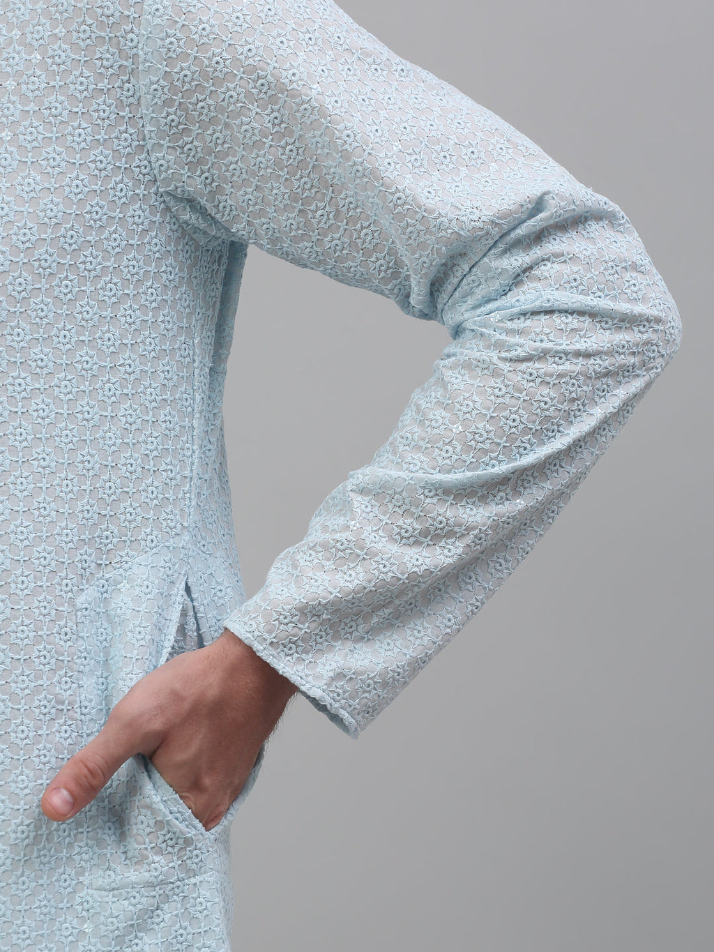 Jompers Men's Sky Blue Chikankari Embroidered and Sequence Kurta with Pyjama