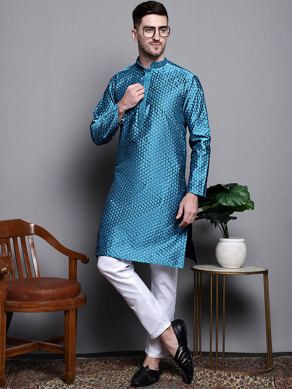 Jompers Men's Woven Design Kurta with Pyjamas - Peacock