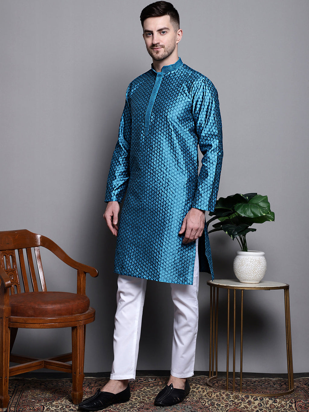 Jompers Men's Woven Design Kurta with Pyjamas - Peacock