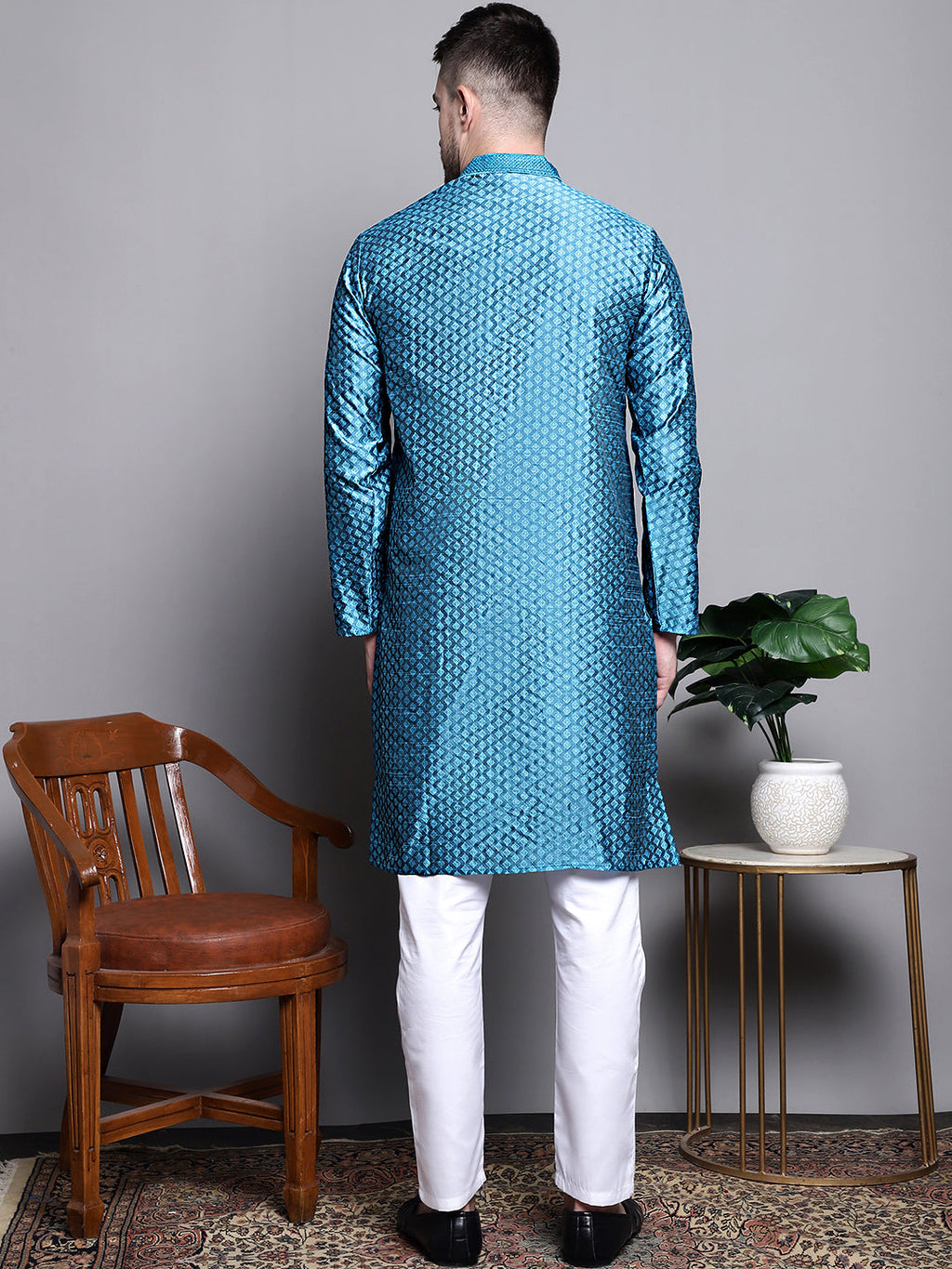 Jompers Men's Woven Design Kurta with Pyjamas - Peacock