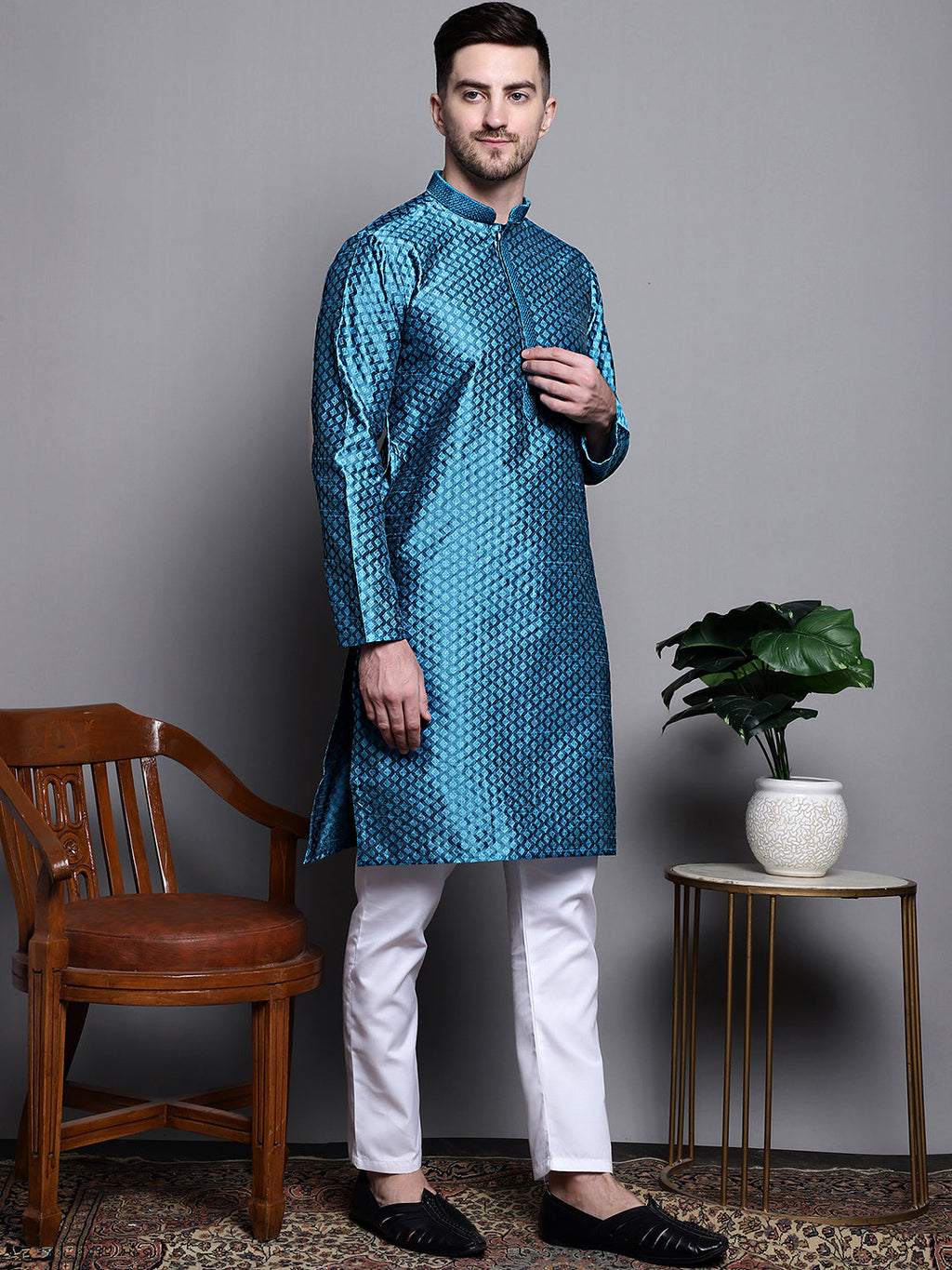 Jompers Men's Woven Design Kurta with Pyjamas - Peacock