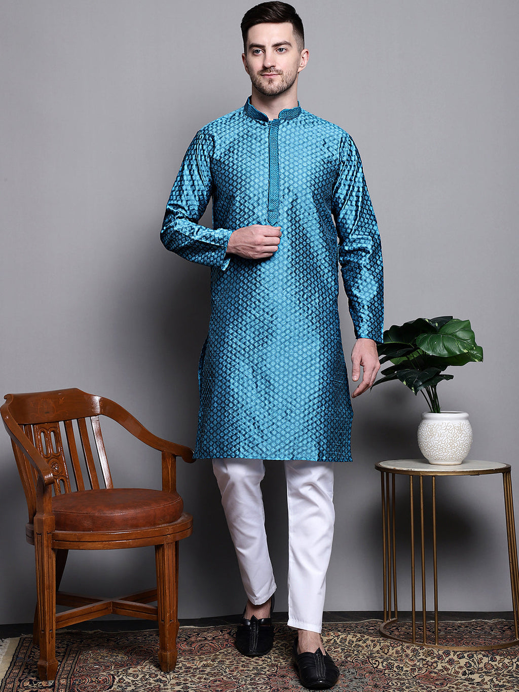 Jompers Men's Woven Design Kurta with Pyjamas - Peacock