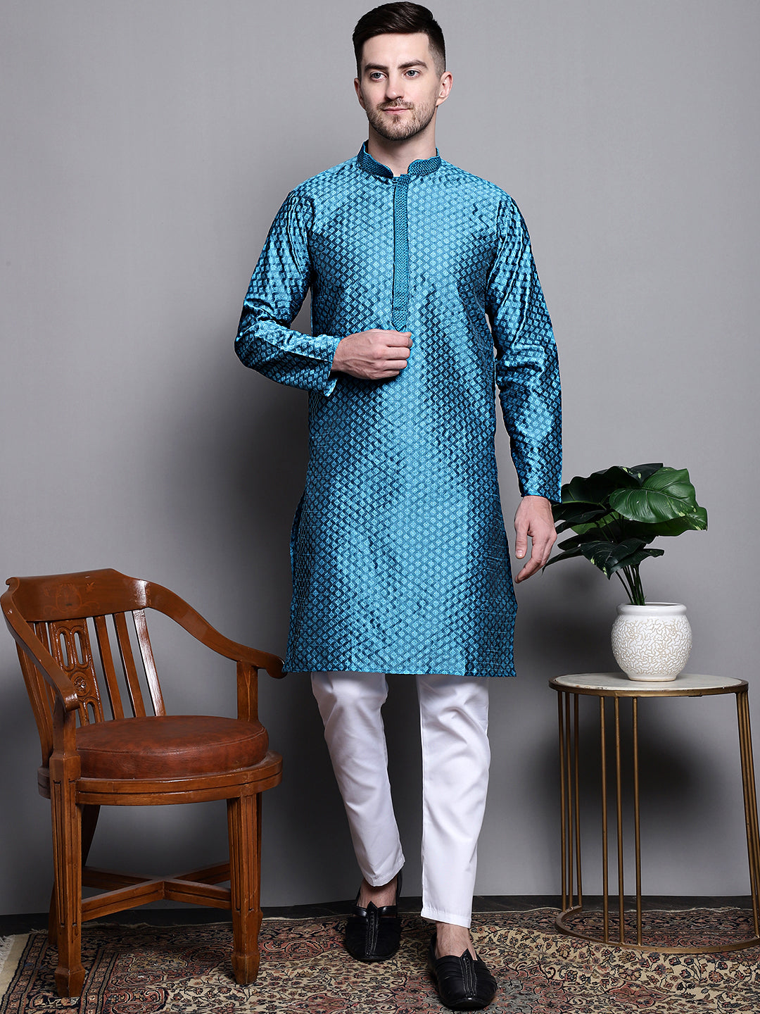 Jompers Men's Woven Design Kurta with Pyjamas - Peacock