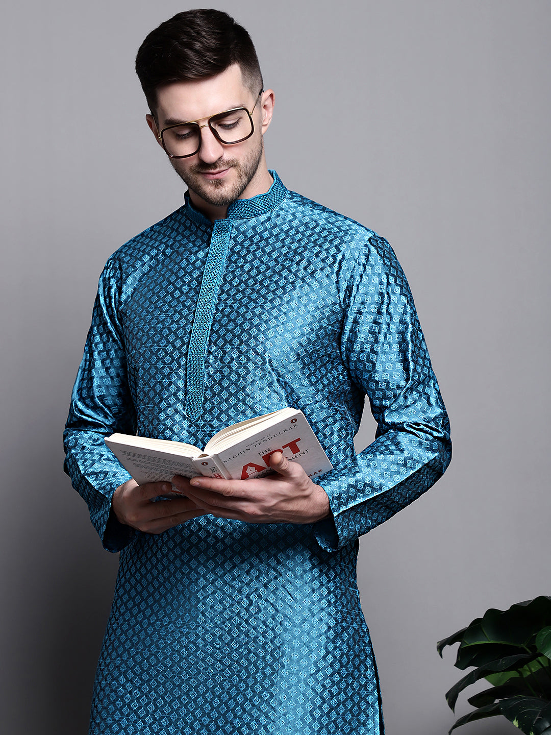 Jompers Men's Woven Design Kurta with Pyjamas - Peacock