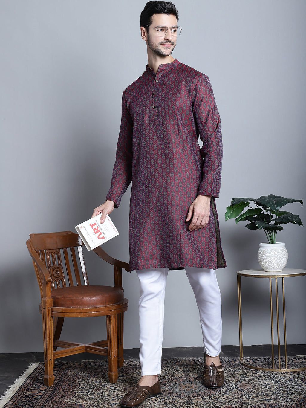Jompers Men's Maroon Woven Design Kurta with Pyjamas