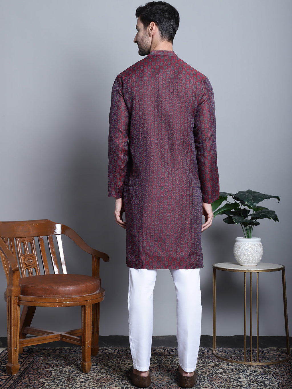 Jompers Men's Maroon Woven Design Kurta with Pyjamas