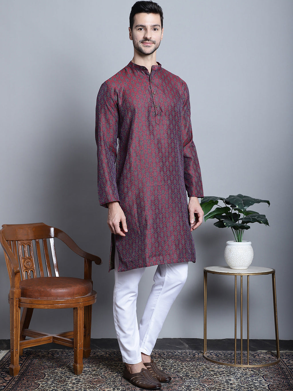 Jompers Men's Maroon Woven Design Kurta with Pyjamas