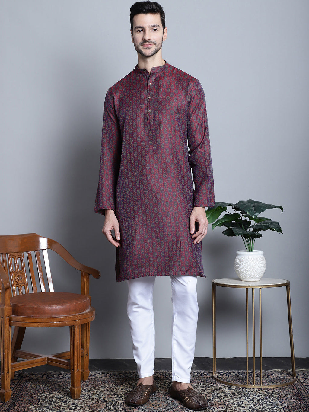 Jompers Men's Maroon Woven Design Kurta with Pyjamas