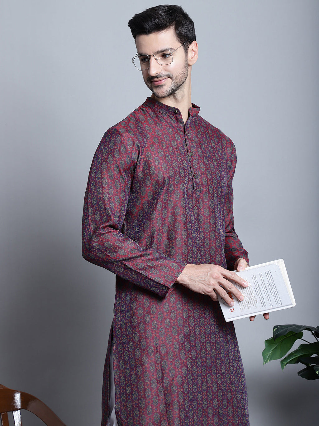 Jompers Men's Maroon Woven Design Kurta with Pyjamas