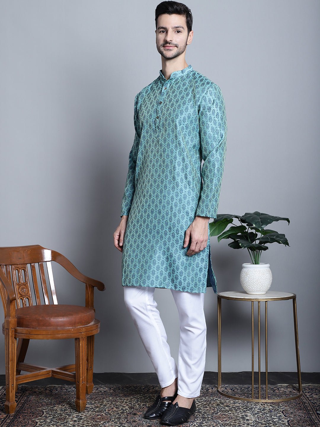 Jompers Men's Blue Woven Design Kurta with Pyjamas