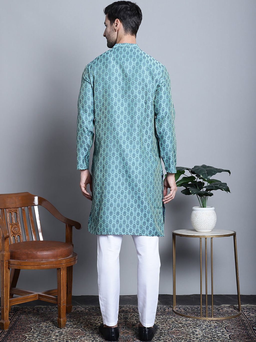 Jompers Men's Blue Woven Design Kurta with Pyjamas