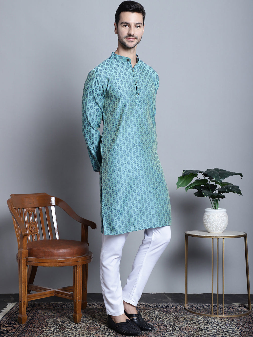 Jompers Men's Blue Woven Design Kurta with Pyjamas