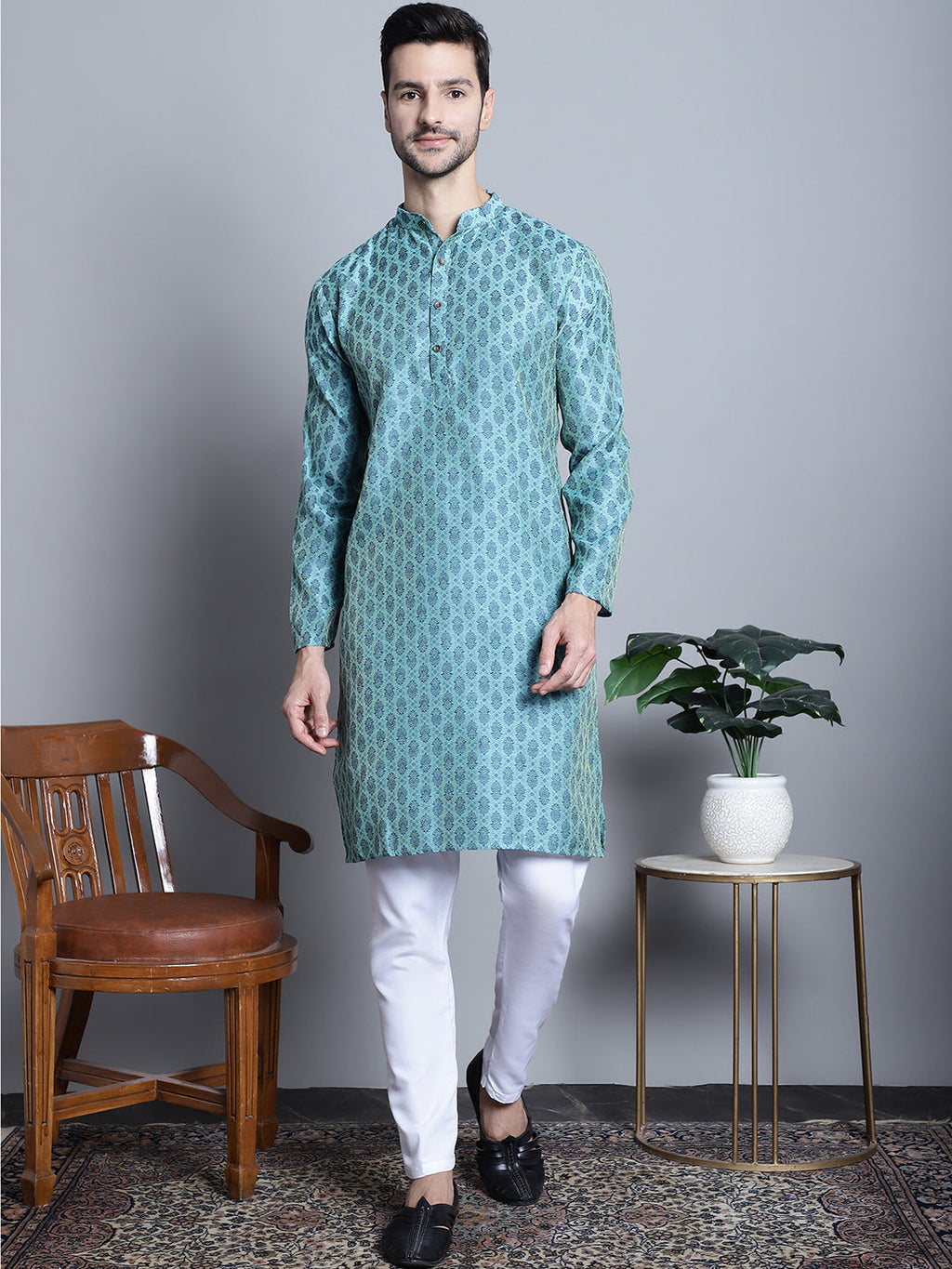 Jompers Men's Blue Woven Design Kurta with Pyjamas