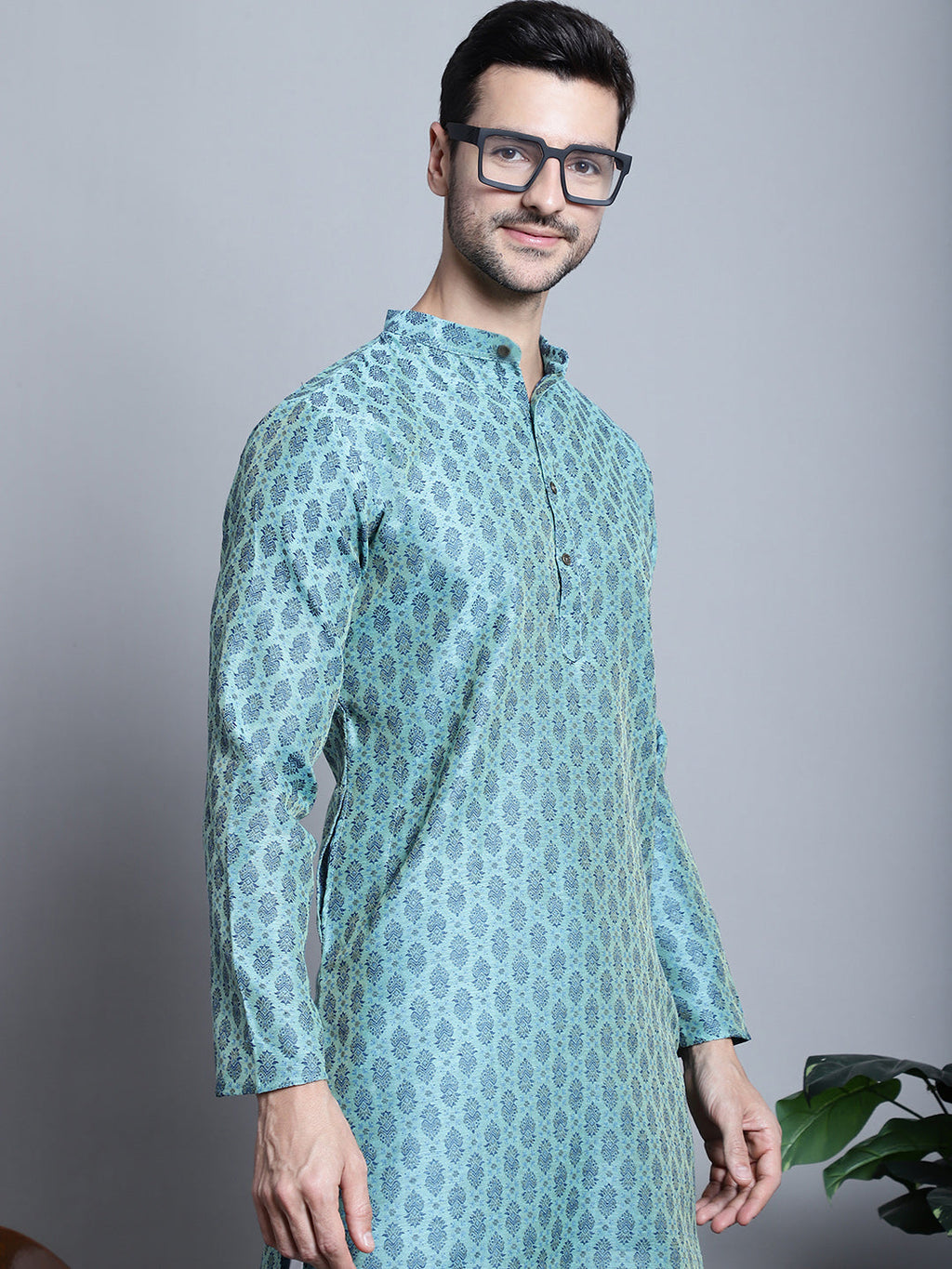 Jompers Men's Blue Woven Design Kurta with Pyjamas