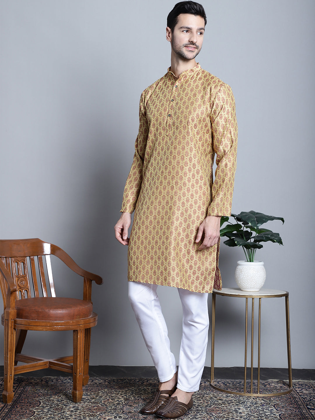 Jompers Men's Yellow Woven Design Kurta with Pyjamas