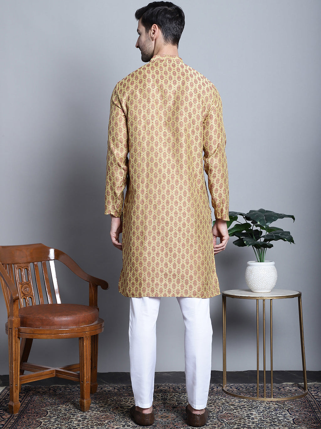Jompers Men's Yellow Woven Design Kurta with Pyjamas