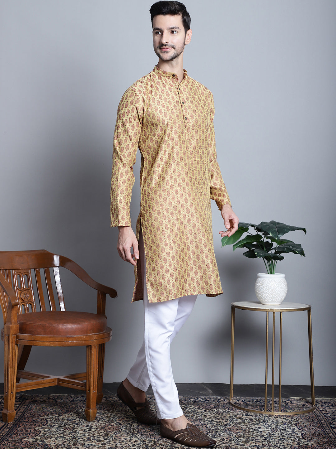 Jompers Men's Yellow Woven Design Kurta with Pyjamas