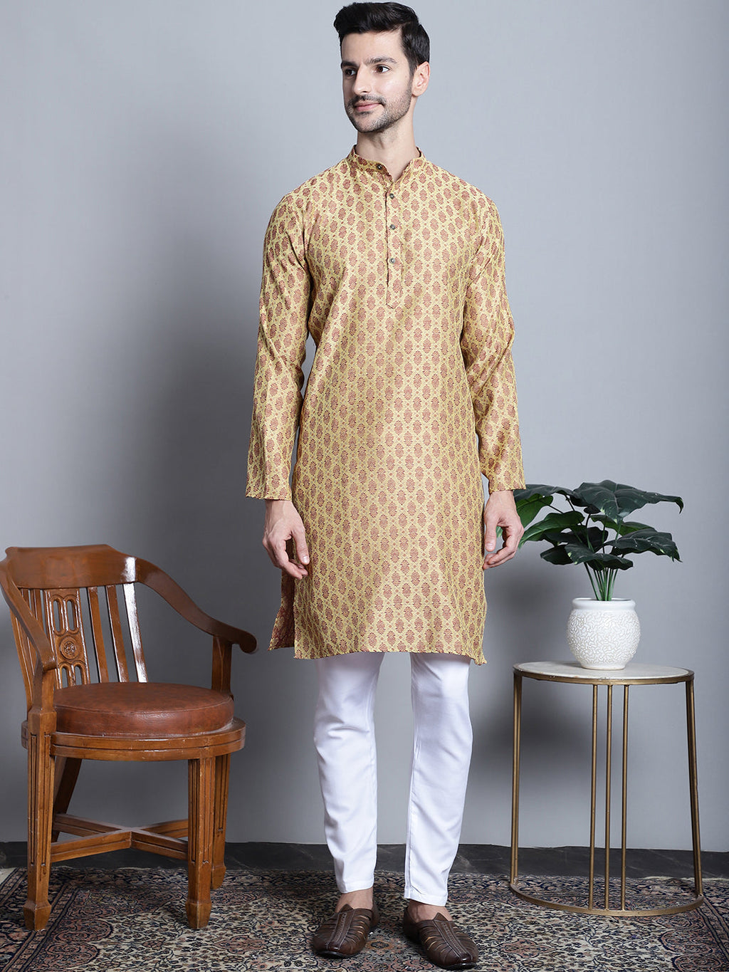 Jompers Men's Yellow Woven Design Kurta with Pyjamas