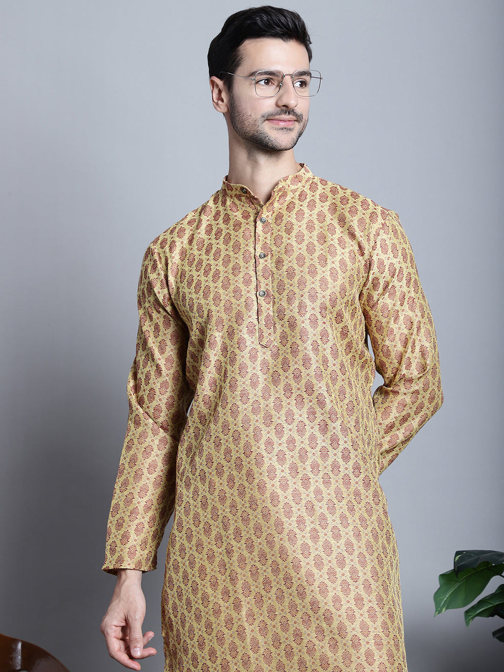 Jompers Men's Yellow Woven Design Kurta with Pyjamas