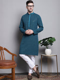 Jompers Men's Sequin Embroidered Pure Cotton Kurta with Pyjamas - Blue