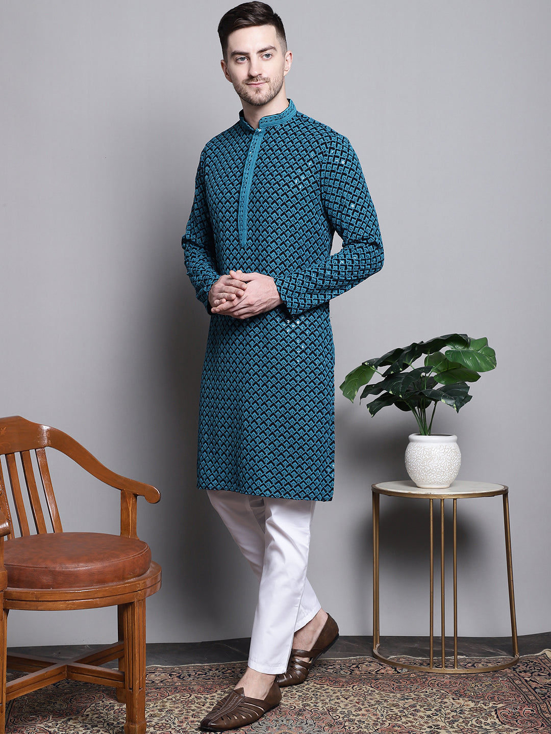 Jompers Men's Sequin Embroidered Pure Cotton Kurta with Pyjamas - Blue