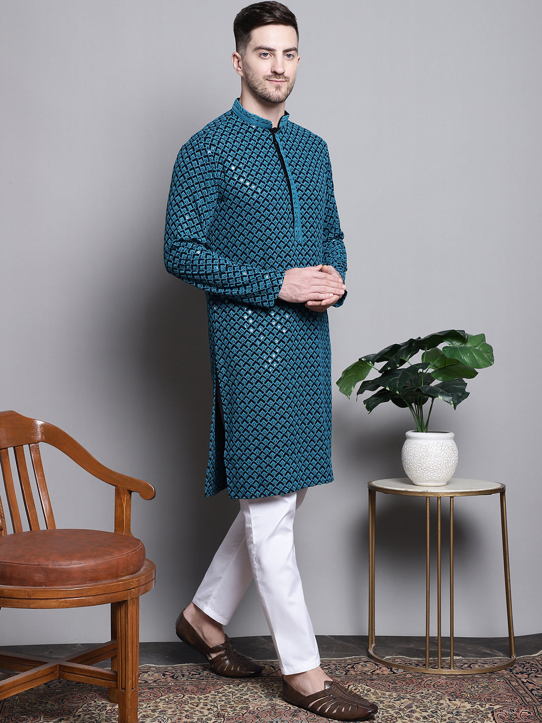 Jompers Men's Sequin Embroidered Pure Cotton Kurta with Pyjamas - Blue