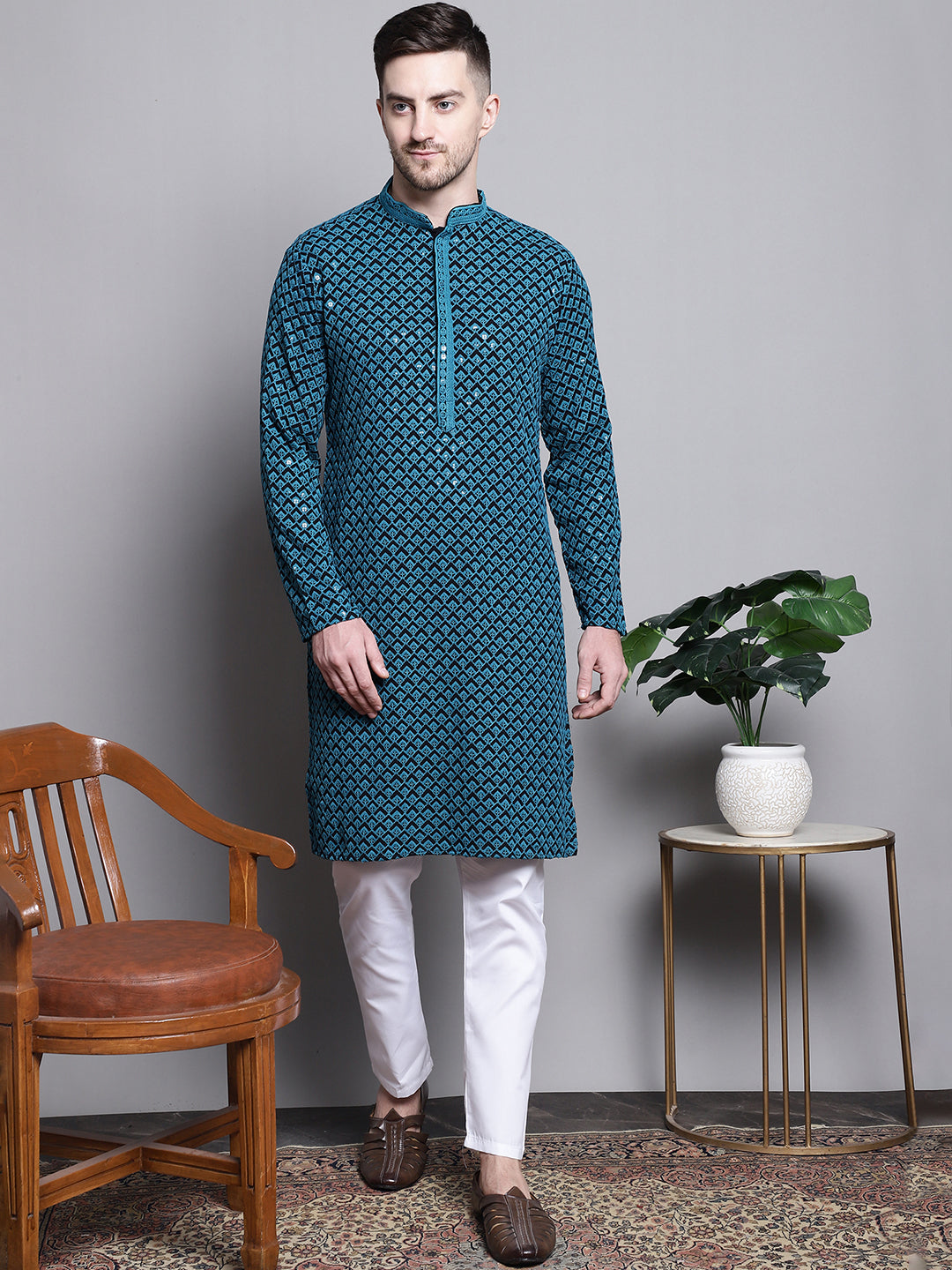 Jompers Men's Sequin Embroidered Pure Cotton Kurta with Pyjamas - Blue
