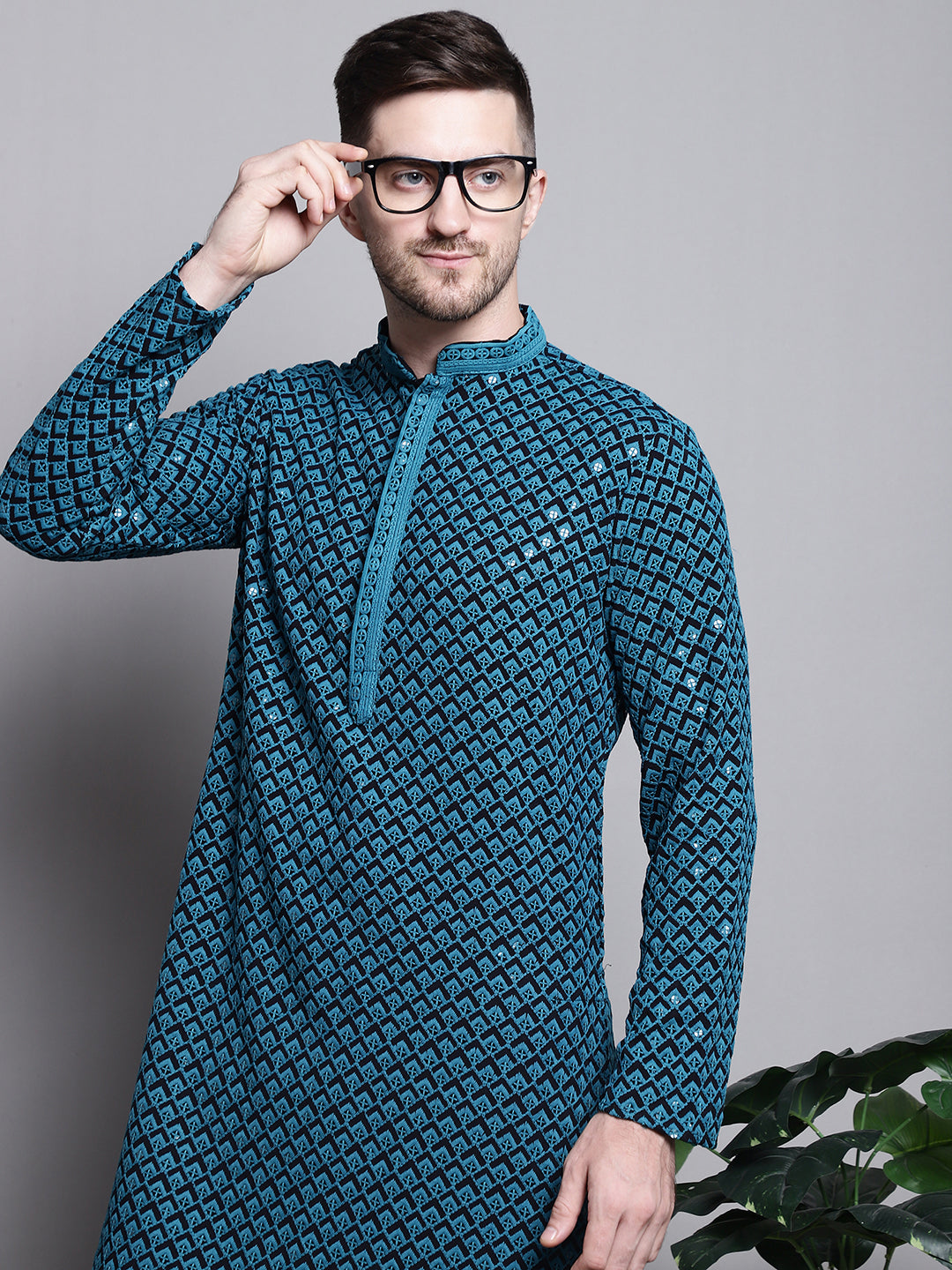 Jompers Men's Sequin Embroidered Pure Cotton Kurta with Pyjamas - Blue