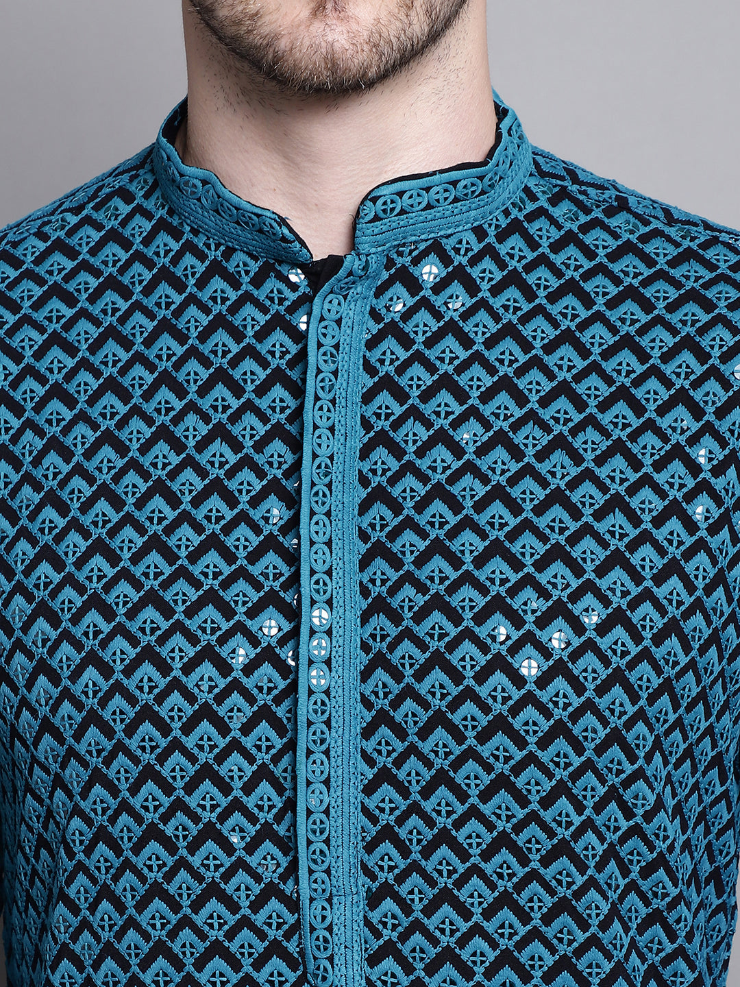 Jompers Men's Sequin Embroidered Pure Cotton Kurta with Pyjamas - Blue