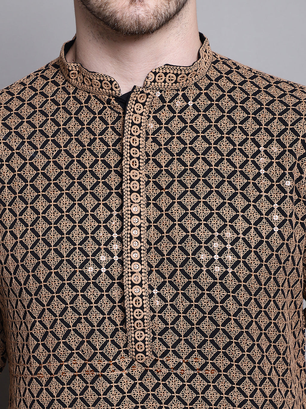 Jompers Men's Sequin Embroidered Pure Cotton Kurta with Pyjamas - Brown