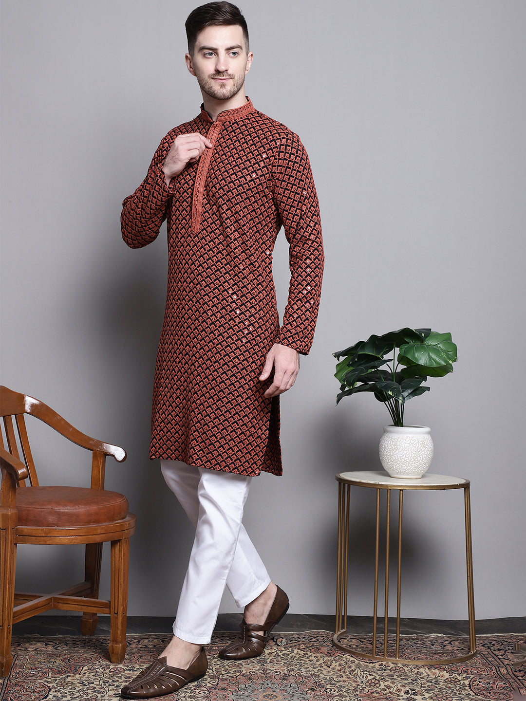 Jompers Men's Sequin Embroidered Pure Cotton Kurta with Pyjamas - Orange
