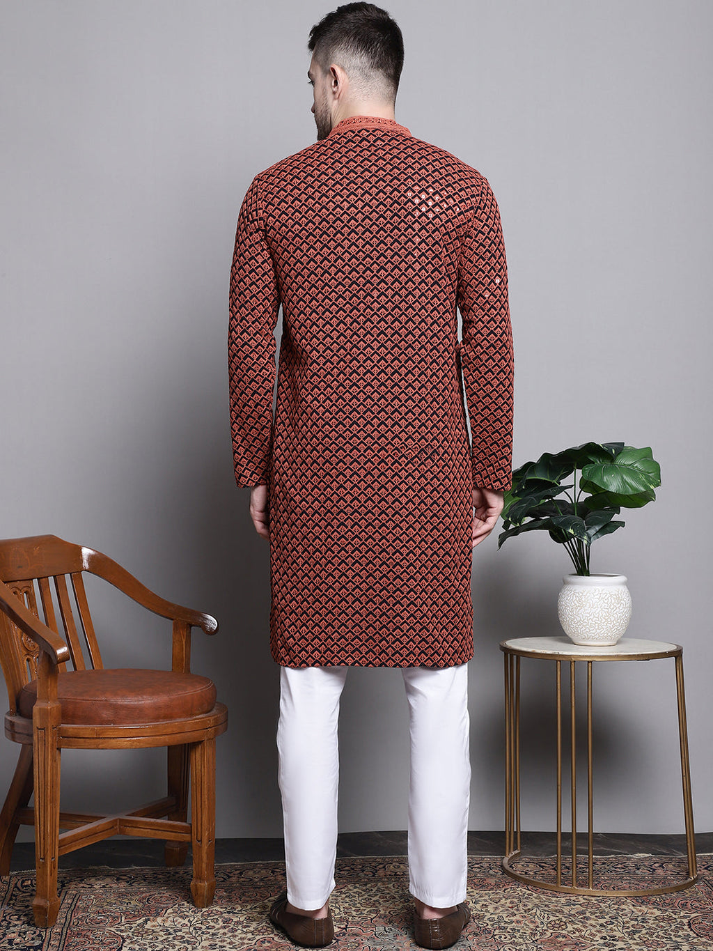 Jompers Men's Sequin Embroidered Pure Cotton Kurta with Pyjamas - Orange