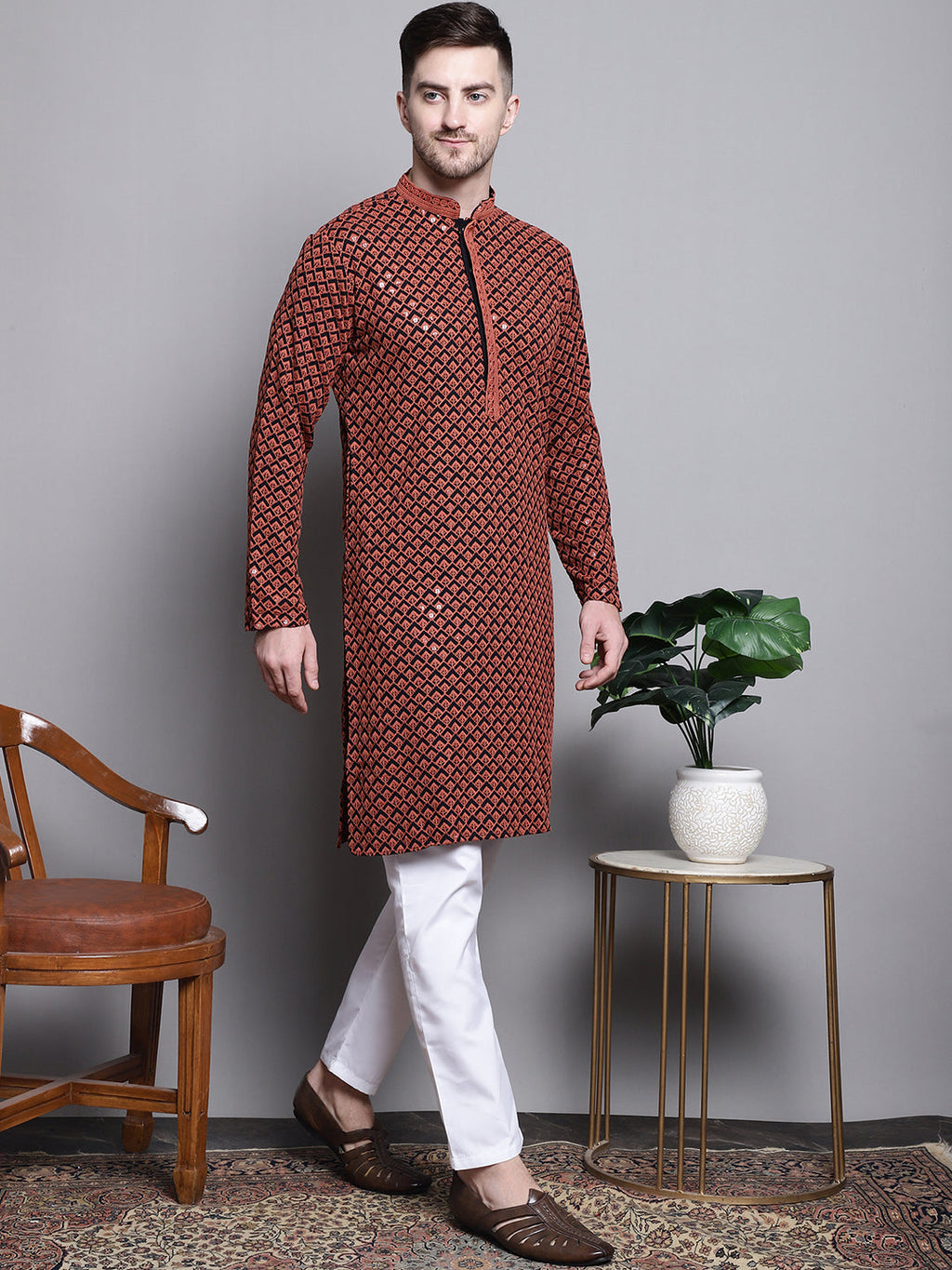 Jompers Men's Sequin Embroidered Pure Cotton Kurta with Pyjamas - Orange