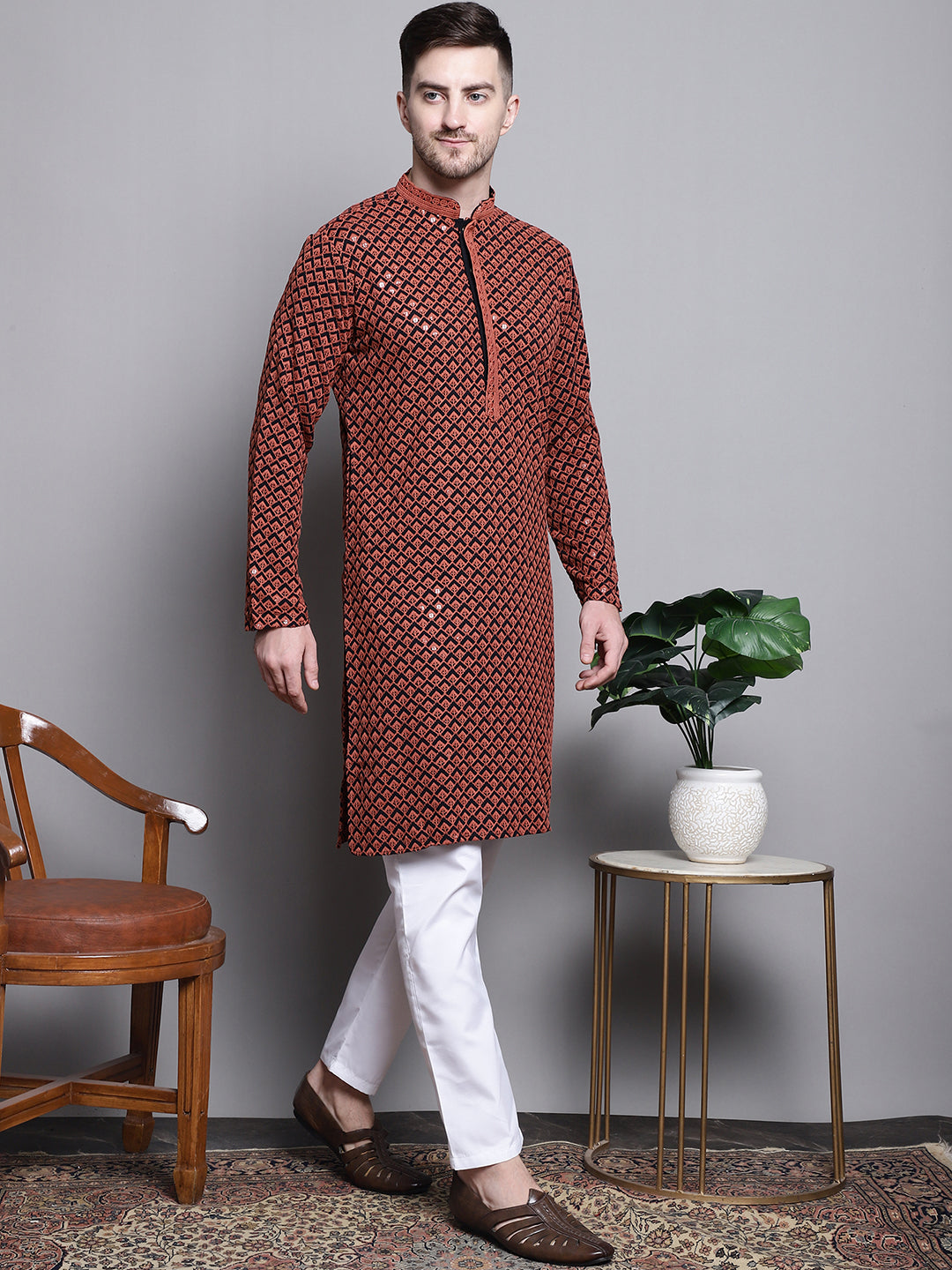 Jompers Men's Sequin Embroidered Pure Cotton Kurta with Pyjamas - Orange