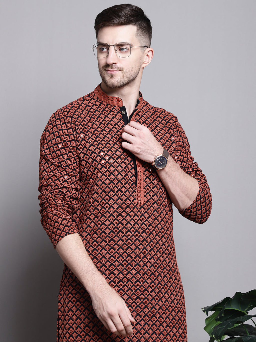 Jompers Men's Sequin Embroidered Pure Cotton Kurta with Pyjamas - Orange