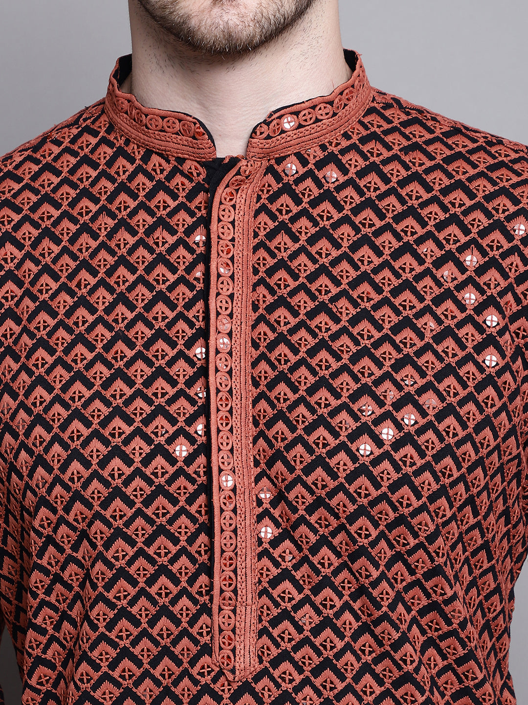 Jompers Men's Sequin Embroidered Pure Cotton Kurta with Pyjamas - Orange