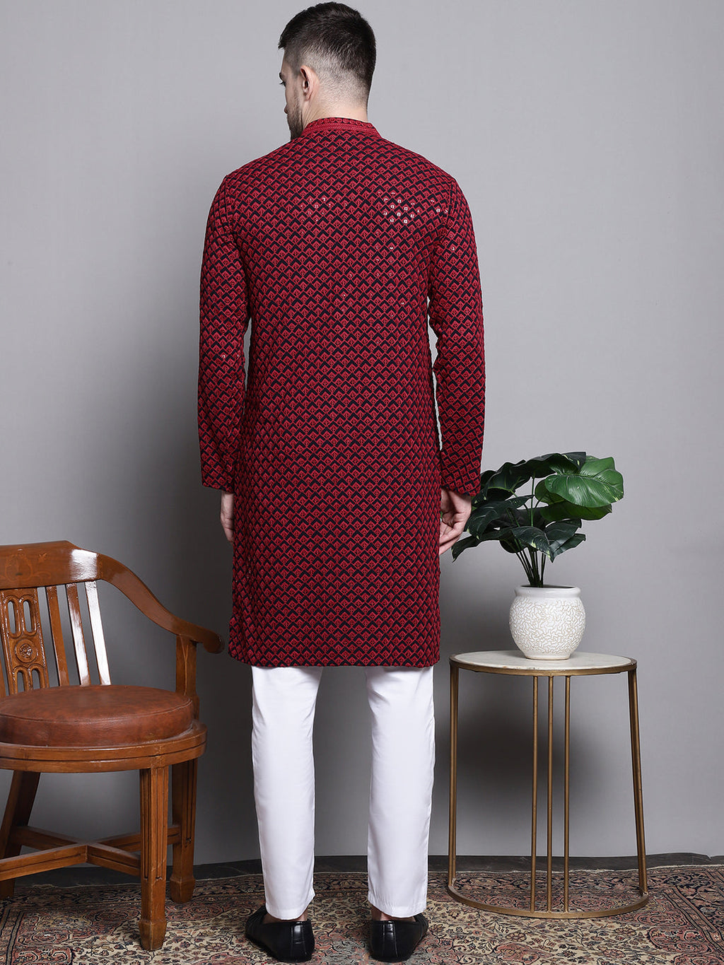 Jompers Men's Sequin Embroidered Pure Cotton Kurta with Pyjamas - Red