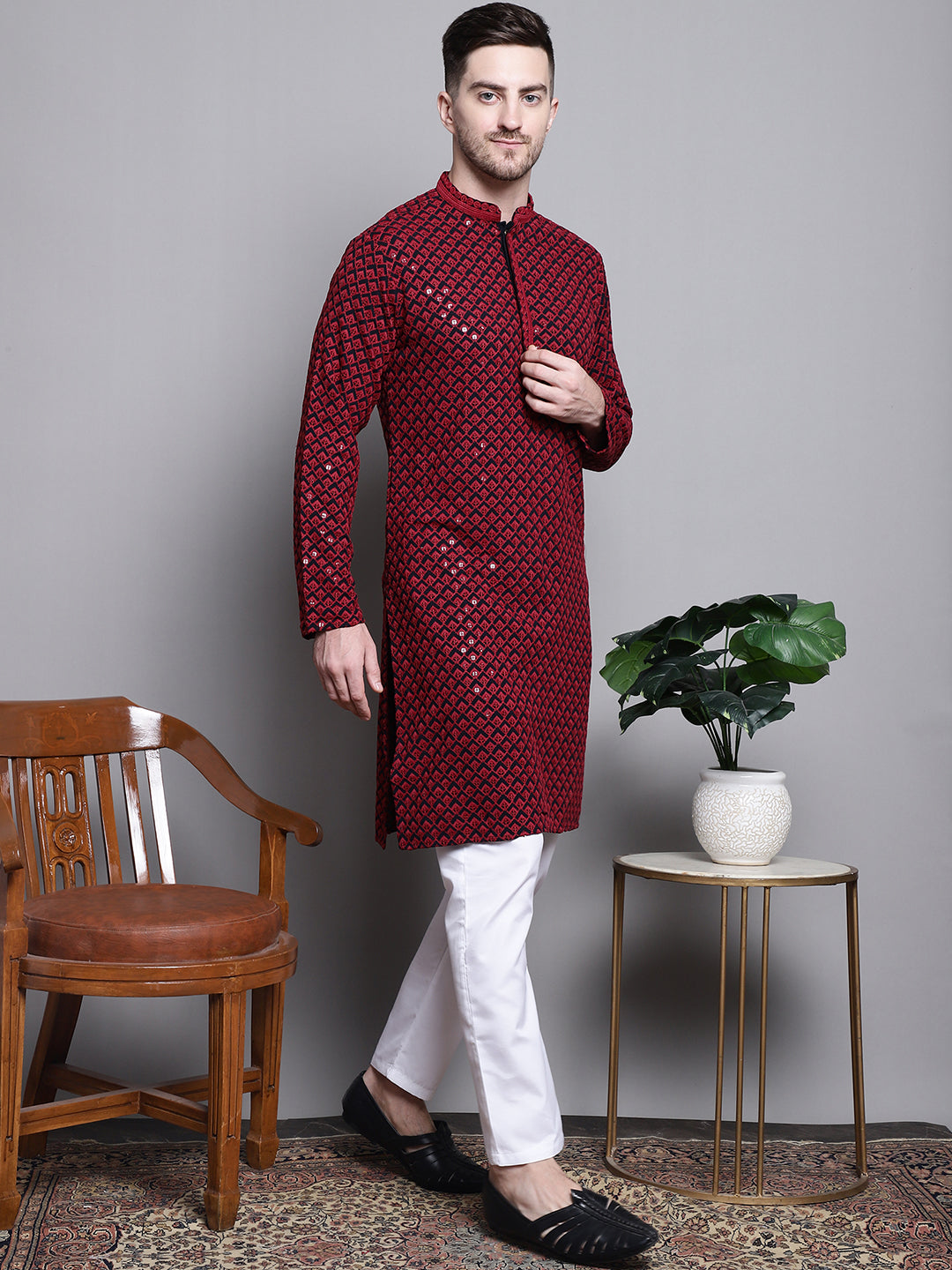 Jompers Men's Sequin Embroidered Pure Cotton Kurta with Pyjamas - Red