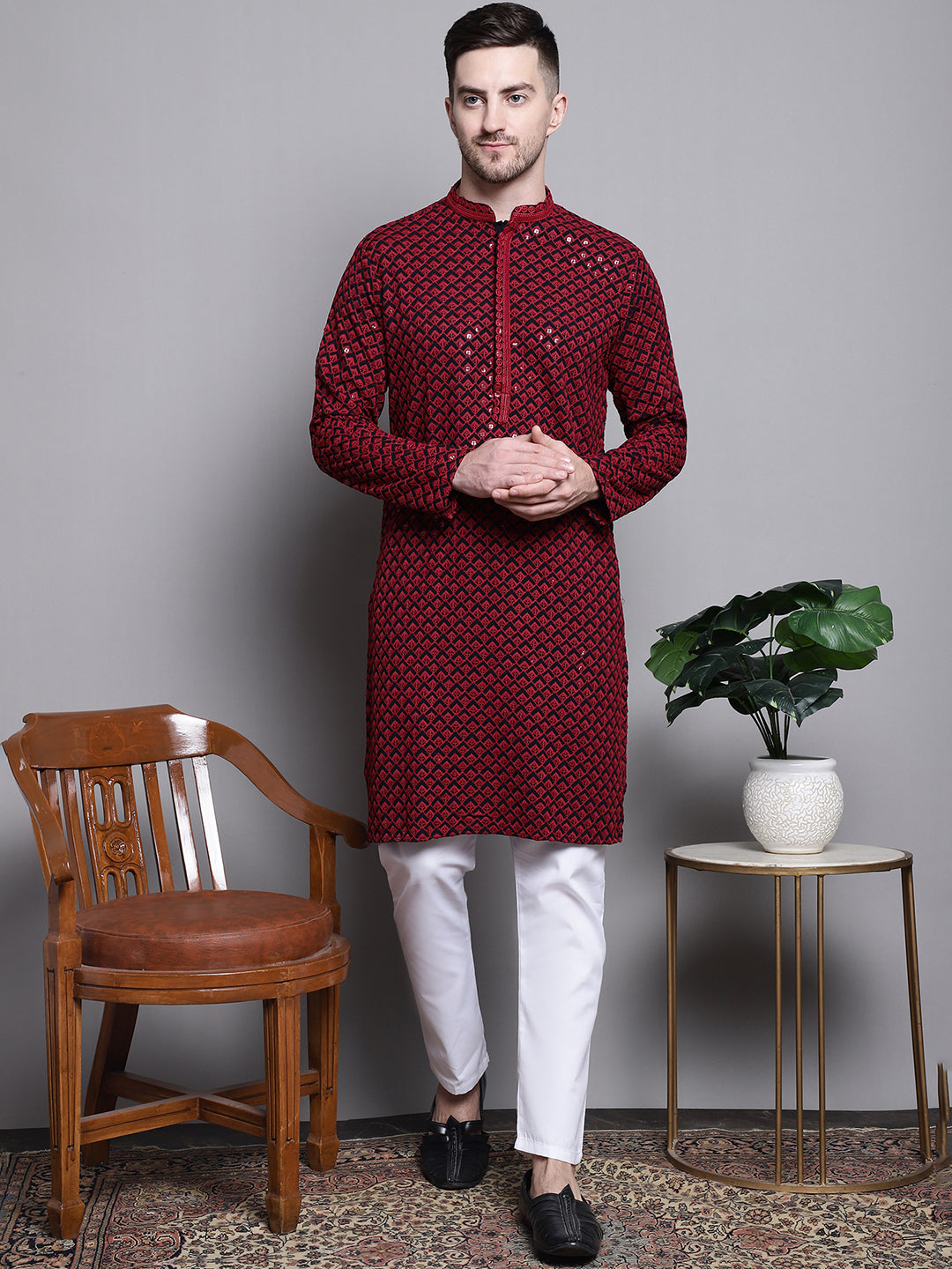 Jompers Men's Sequin Embroidered Pure Cotton Kurta with Pyjamas - Red