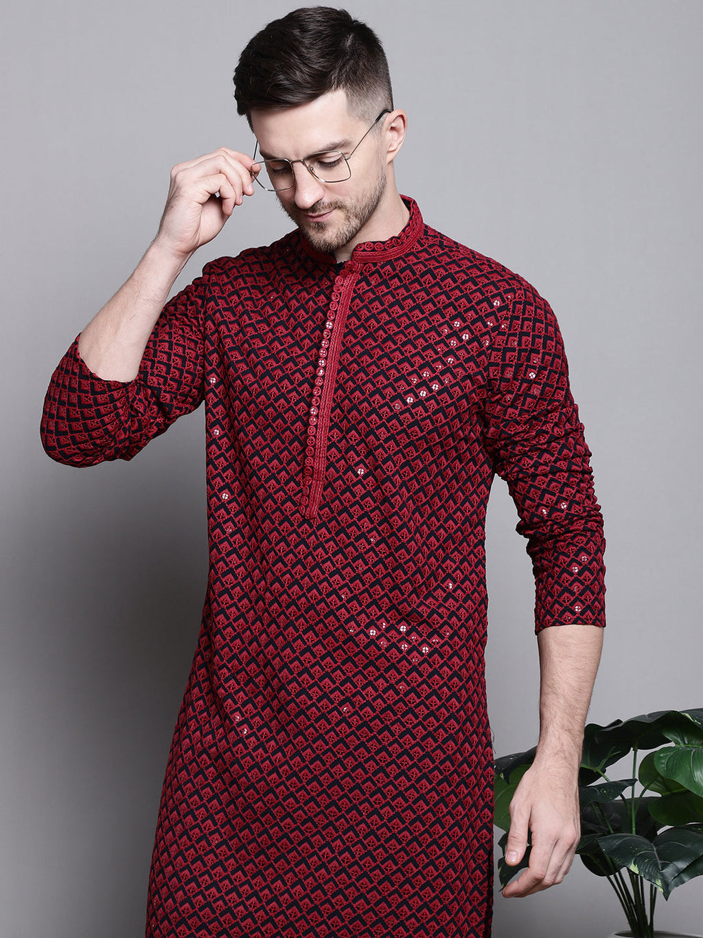 Jompers Men's Sequin Embroidered Pure Cotton Kurta with Pyjamas - Red